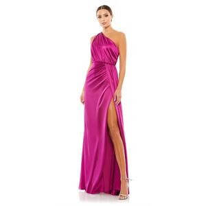 NWT Mac Duggal GATHERED ONE SHOULDER SATIN FAUX WRAP GOWN, Berry,‎ Sz 12, #26654